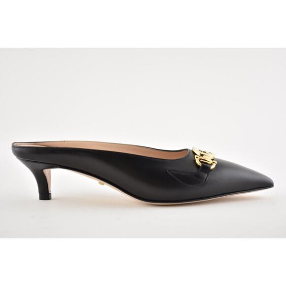 Gucci Zumi Black Leather Silver Gold GG Kitten Heel Mule Slide Loafer Pump 37 - Picture 3 of 12